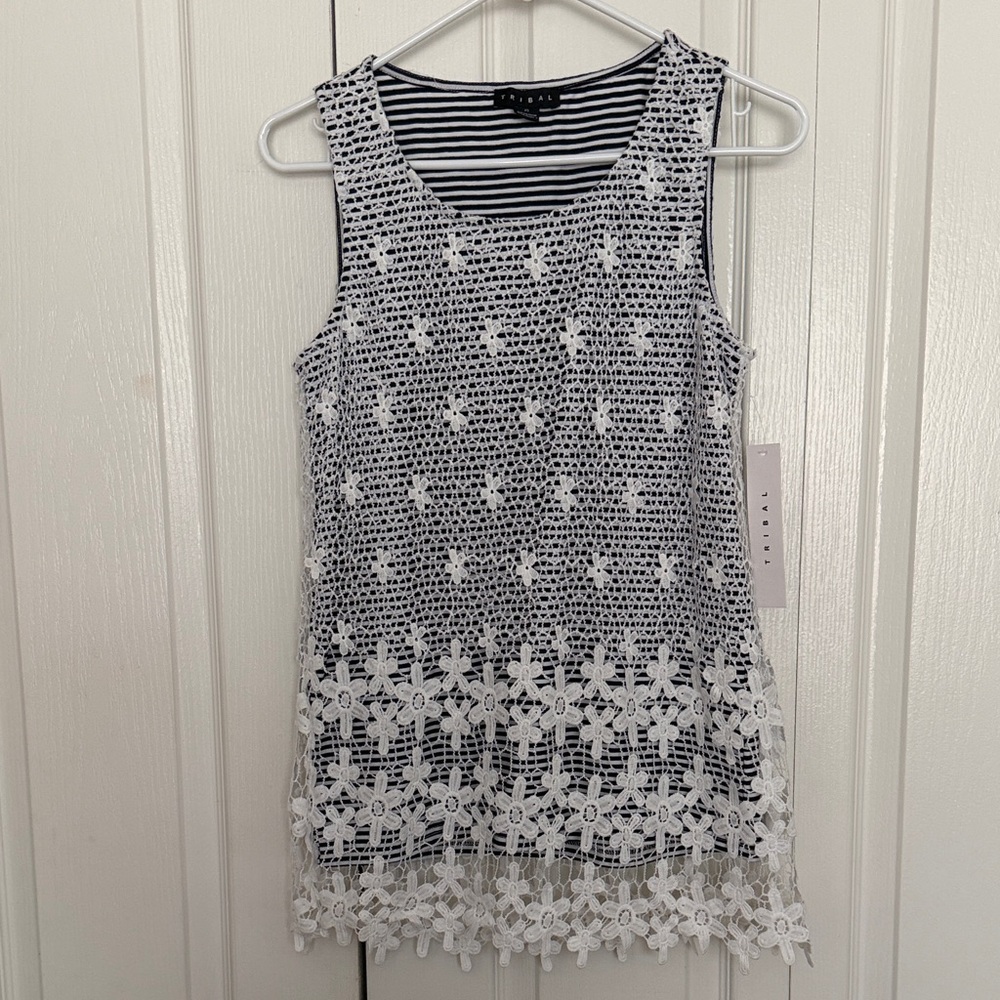 Tribal Lace Overlay Black/White Striped Tank Top – Size XS – NWT